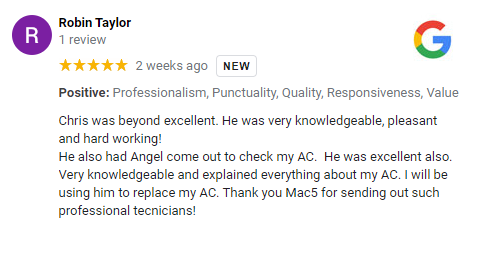five star google review and reading from two weeks about an AC replacement