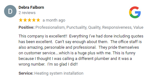 five star positive review from a month ago about plumbing company