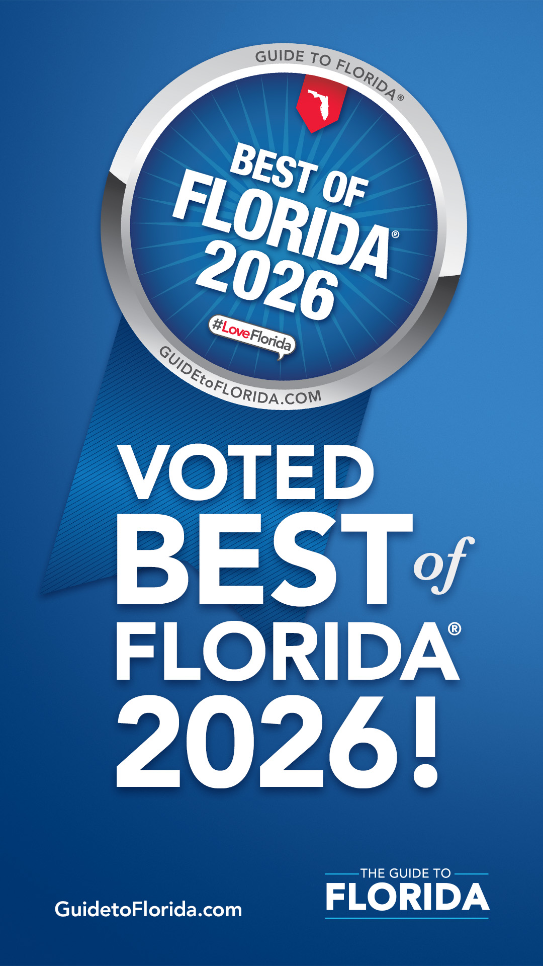 Blue poster announcing "Best of Florida 2026" with a circular silver medal at the top and bold white text on a radial blue background.