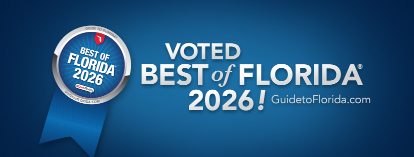Blue gradient background with a circular 'Best of Florida 2026' award badge and a blue ribbon, plus the text 'Voted Best of Florida 2026! GuidetoFlorida.com'